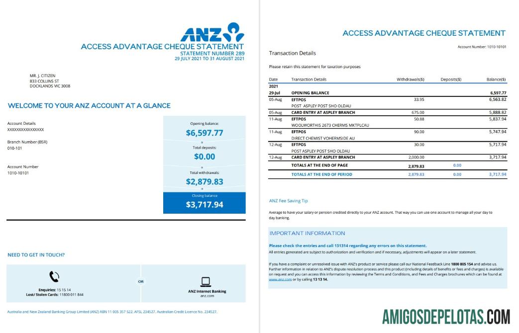 Modelo de extrato bancário de comprovante de endereço ANZ da Austrália em branco em formato .xls e .pdf, 2 páginas
